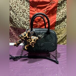 Betsey Johnson Black Quilted Heart Mini Satchel with Leopard Bow